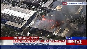 BREAKING NEWS: Fire crews battling a major furniture factory fire in Yennora. 300 people have been evacuated and firefighters are working to protect neighbouring structures. #9News | 9 News