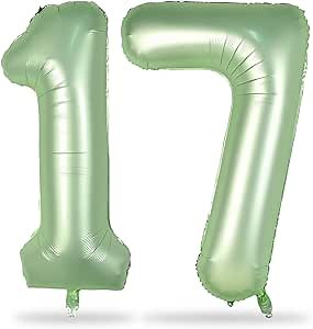 Sage Green Number 17 Birthday Balloons, 40 Inch Large Foil Number 1 & 7 Helium for Girls Boys, Olive Green 17th Birthday for Women Men Anniversary Wedding Jungle Party Decorations