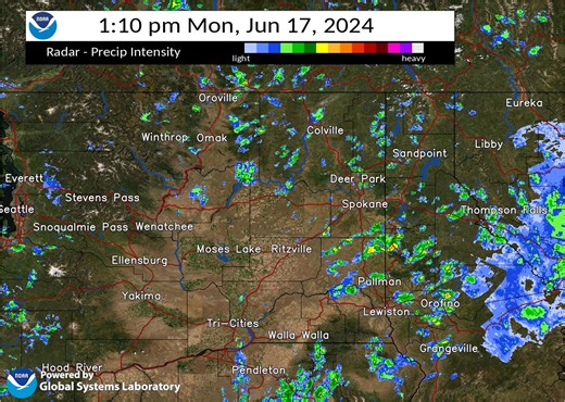 10K views · 101 reactions | 2pm Radar Update - Scattered showers with isolated embedded thunderstorms continue to develop and move southeast across the Inland Northwest this afternoon. Intensities are generally weak, but you can still expect gusty winds and brief downpours in the stronger storms. | US National Weather Service Spokane Washington | Facebook