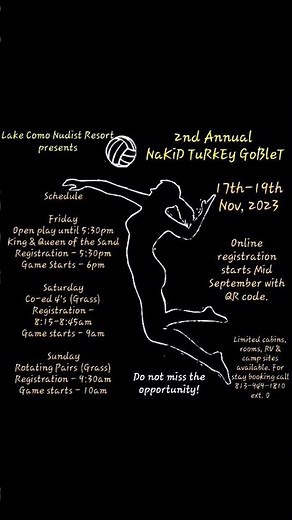 Lake Como Nudist Resort presents 2nd NaKiD TuRkEy GoBleT(Naked Volleyball Tournament) 17-19th Nov'23