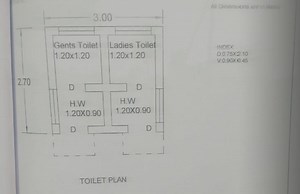 The image shows a toilet plan with dimensions. It includes two ... | Filo