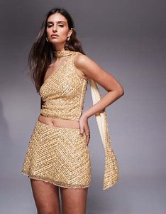 Oh Polly glitter embellished low rise aline micro skirt co-ord in gold | ASOS