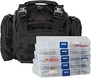 Dr.Fish Fishing Tackle Bag 5 Boxes with 60 Lures Included Loaded Stocked Tackle Box Set Spinner Lures Kit Freshwater Gear Equipment