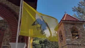 Greek Orthodox Flag Flying in the Wind. Yellow, with the Double Headed Eagle, Churchyard 2, High Church Tower Stock Footage - Video of beeswax, church: 268418486