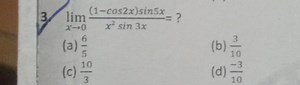 Find the limit:lim (x→0) (1-cos2x)sin5x / (x² sin 3x) = ?... | Filo