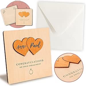 WOODAMORE Happy Engagement Card Congratulations - Cute Engagement Cards for Couples Newly Engaged, Unique Wooden Wedding Engagement Gift for Best Friends