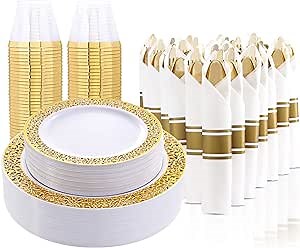 LLSF 210 Pcs Gold Plastic Plates, Disposable Dinnerware Set, Includes: 30 Dinner Plates, 30 Salad Plates, 30 Cups 9 OZ and 30 Per Rolled Napkins with Gold Cutlery, Perfect for Wedding and Party