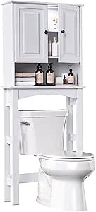 HAIOOU Over The Toilet Storage Cabinet with Motion Sensor LED Light, Double Door Bathroom Essentials Storage Organizer Space-Saving Toilet Rack with Buffering Hinges, Adjustable Shelf - Modern White