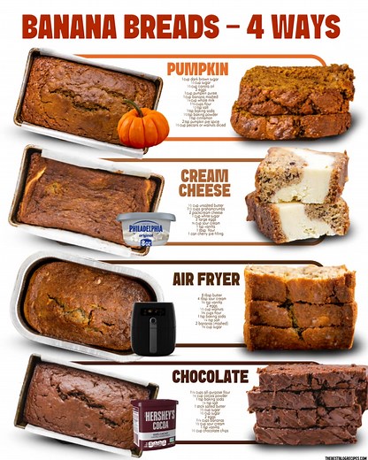 These banana breads are next-level—moist, rich, and loaded with flavor. 🍌 Which one are you making first? PUMPKIN BANANA BREAD 🍌 1 cup dark brown sugar 🍌 ½ cup sugar 🍌 ½ cup canola oil 🍌 2 eggs 🍌 1 cup canned pumpkin puree 🍌 1 cup mashed banana 🍌 1¾ cup flour 🍌 1 tsp baking soda 🍌 ½ tsp baking powder 🍌 ½ tsp salt 🍌 1 tsp cinnamon 🍌 2 tsp pumpkin pie spice 🍌 ¼ cup whole milk 🍌 ½ cup pecans or walnuts 🍌 7 oz sweetened condensed milk 🍌 ½ cup brown sugar 🍌 1 tbsp butter 🍌 ¼ tsp va