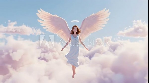 Beautiful female angel with glowing wings floating peacefully above clouds in soft pastel sky animation