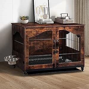 Snowtaros Dog Crate Furniture with 360° Rotatable Hidden Bowls, Heavy Duty Wooden Dog Kennel with Double Doors, Dog Cage End Table Indoor with Removable Tray Swiveling Wheels for Small Medium Dogs