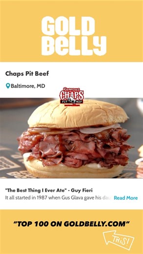 CHAPS PIT BEEF is thrilled to be included in The GB Hot 100! Our friends at @goldbelly have put together the most magical roundup of the best summer food experiences and Chaps is on it! 🔥 Order today from anywhere in the USA 🇺🇸, only on @goldbelly! . . #goldbelly #chapspitbeef #top100 #orderonline #foodlove #pitbeef #bbq #baltimore #since1987 | Chaps Pit Beef Baltimore