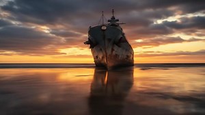Download Rusty warship wreck at sunset on beach for free