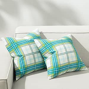 Phantoscope Buffalo Plaid Throw Pillow Covers Farmhouse Check Pillows Spring Decorative Pillow Cover Indoor Outdoor Throw Pillows Twill Square Pillow Cases for Home Decor Light Blue,18 x 18 Inches