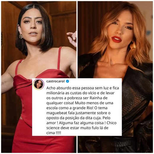 3.6K views · 27 reactions | EITA! O clima esquentou! A atriz Carol Castro não poupou palavras e detonou Virgínia Fonseca após o anúncio oficial de que ela será a rainha de bateria da Grande Rio no Carnaval 2026. Será que vem treta por aí? O que vocês acharam dessa polêmica? Comentem aí: Vocês acham que Virgínia merece o posto de rainha? #CarolCastro #VirgíniaFonseca #GrandeRio #Carnaval2026 #FofocaDoDia #Treta (Foto/Reprodução: @/castrocarol) | LS - Novelas Mexicanas | Facebook