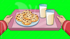 2d animated cartoon placing a tray of hot baked cookies with drinking milk on the table by a human hand or grandmother or mother in green screen chroma key. 4K resolution.