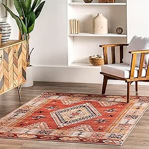 nuLOOM Reda Aztec Bordered Machine Washable Ultra Thin Area Rug, 5' x 8', Burnt Orange