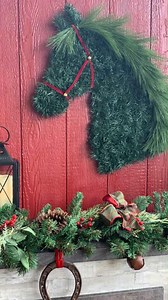 Make a DIY horse head wreath for your Christmas decor. With our technique, you don’t even need a wreath form! Visit our blog for the full tutorial and free downloadable pattern. #horseheadwreath #horsewreath #horsechristmas #christmaswreathmaking #christmaswreath #diychristmasdecor #diychristmas #diywreath #christmasgarland #jinglebells | Chica and Jo