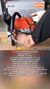 Pro Chain Saws Stihl MS 382 Specifications : ENGINE: 2-cycle CYLINDER DISPLACEMENT: 72.2 cc POWER OUTPUT: 3.9 kW (5.3 bhp) IGNITION SYSTEM: Electronic CHAIN OIL CAPACITY: 0.36 L FUEL TANK CAPACITY: 0.68 L FUEL: Petrol mixed with 2-cycle engine oil FUEL MIX RATIO: 1 L STIHL engine oil : 50 L Petrol ENGINE WEIGHT: 6.2 kg BAR LENGTH: 18″ (45 cm) 20″ (50 cm) 25″ (63 cm) MAXIMUM ENGINE SPEED: 13.500 rpm #engine #chainsaw #stihl #motosierras #husqvarna #mesin #sinso #motorsage #stihlchainsaw #láncfűré