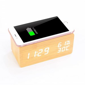 [Hot Item] Wood Wireless Charging Alarm LED Clock Temperature Humidity Display