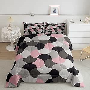 Creative Geometric Full Size Comforter Set,Pink Black Gray White Bedding Set for Adults Teens,Children Modern Art Comforter Luxury Abstract Geometric Splicing Quilt Set Room Decor 3Pcs