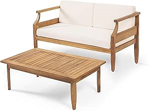 Christopher Knight Home Gallia Outdoor Mid Century Modern Acacia Wood Loveseat Set, Teak and Cream