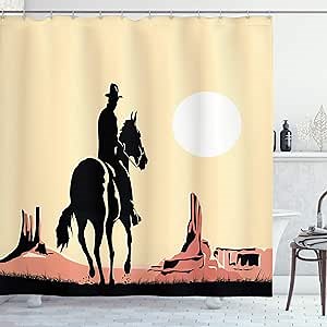 Ambesonne Western Shower Curtain, Image Art of Cowboy Riding Horse Towards Sunset in Wild West Desert Hero, Cloth Fabric Bathroom Decor Set with Hooks, 69" W x 75" L, Yellow Orange Black