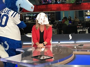 Colts mascot Blue surprises FOX59 morning crew with some pie…in the face