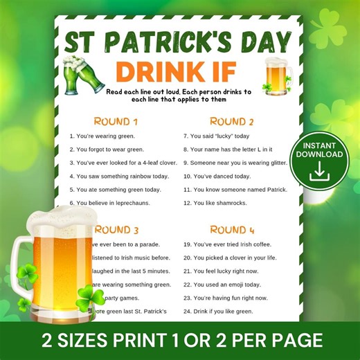 St. Patrick’s Day Drink If Game, Irish Drinking Game, Printable Pub Party Game, St Patricks Day Adult Activity, Beer & Shamrock Game - Etsy