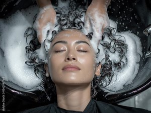Serene Salon Experience: A tranquil scene unfolds as a woman gets her hair washed with a professional touch, encapsulated in a close-up view, evoking a sense of peace and renewal.