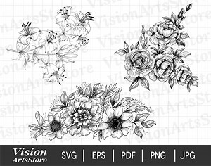 Floral Outline Clipart | Digital Flower Drawing | Svg, Png, Jpg, Eps, Pdf - Etsy Canada