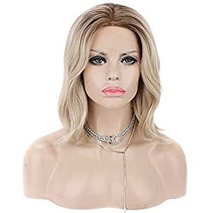 Platinum Blonde Short Curly Synthetic Lace Front Wigs for Women Free Part Natural Hairline Dark Root Heat Resistant Daily Wigs