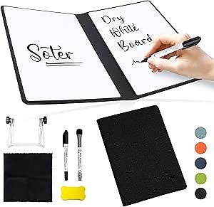 Soter White Board Dry Erase. Small White Board with Pens, Dry Erase Eraser, and Cloth. Dry Erase Board with Stand for Staff, Businessman, Artist. ECO-Friendlier Dry Erase Notebook (Black)