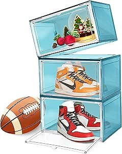 Clear Shoe Boxes, Plastic Stackable Acrylic Shoe Box for Display Case Sneaker Storage Boxes with Magnetic Door Full Clear Hard Plastic Box, 3Pack