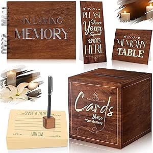 Fumete Wooden Funeral Guest Sign Book Set for Memorial Service Celebration of Life Table Sign Funeral Pen and Pen Holder Share a Memory Wooden Box with 60 Card for Guests(Retro Color)