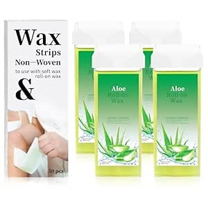 Roll On Wax Refill, Hair Removal Wax Cartridge, Depilatory Wax Roller Refill for Legs and Arms. with 4 Aloe Wax Rollers, 50 Waxing Strips,5 Clean Oil