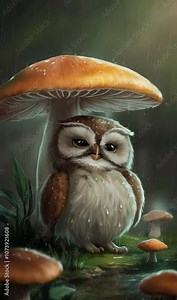 A fluffy owl with large, expressive eyes finds shelter under a giant mushroom during a gentle rain shower. The scene is painted with soft, whimsical colors and the owls adorable expression evokes warm