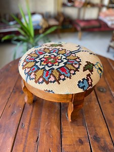 Round Kilim Ottoman, Beech Wood Foot Stool, Vintage Pouf - Etsy