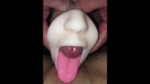 Slow-Mo clip &lpar;open mouth w&sol; tongue out stroker device&rpar; licking wifes pussy & NO CUM SHOW Part 1 of 2