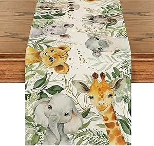 Artoid Mode Animals Elephant Giraffe Baby Shower Table Runner, Seasonal Spring Summer Kitchen Dining Table for Home Party Decor 13x120 Inch
