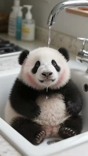 Panda taking a drip shower