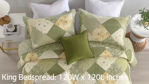DDUOXIN Floral King Bedspread 120"x120" - 100% Cotton Reversible Oversized King Quilt with 2 Pillow Shams, Farmhouse Bedspreads Lightweight Bedding Set, Green/Cream White, 3 Piece