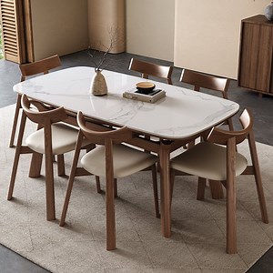 [Hot Item] Retractable Solid Wood Rock Board Simple and Luxurious Dual-Purpose Folding Dining Table