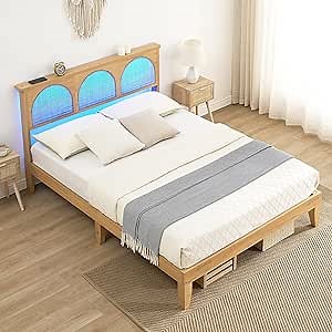 IDEALHOUSE Queen Bed Frame with Rattan Headboard, Boho Cane Platform Bed Frame with LED Lights, Solid Wood Foundation with Wood Slat Support/No Box Spring Needed/Easy Assembly/Noise-Free
