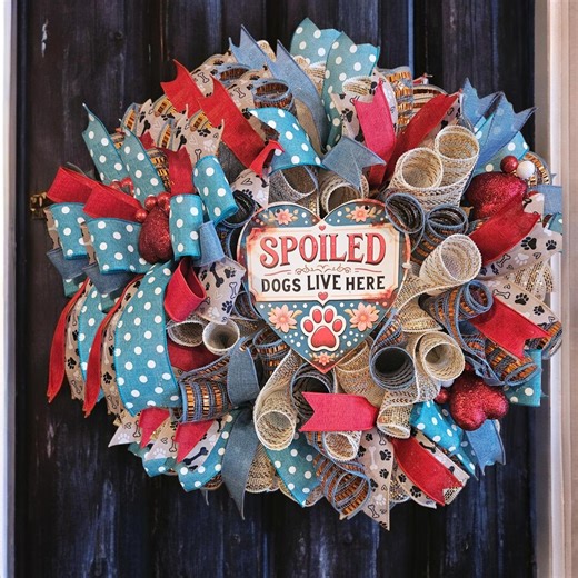 Colorful Dog Lovers Wreath. Red, Teal and White Wreath. Pet Wreath. Dog Wreath. - Etsy