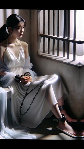 The female prisoner is wearing a nightgown and is shackled with handcuffs and ankle restraints, detained in a cell. 女囚犯穿睡裙戴手铐脚镣关押在牢房中#femaleprison #女囚 #shackles #handcuffs #女犯 #美女 #睡裙