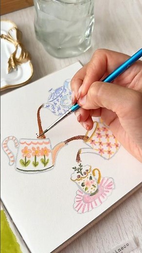Drawing a tea party 🫖 with watercolor pastels #sketchbook #art