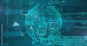 Cloud icon appearing activating icons connecting around holographic globe, showing secure network