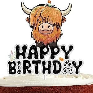 Highland Cow Cake Topper for Boys Girls Adults Happy Birthday Glitter Western Rodeo Farm Party Decorations Supplies Glitter Highland Cow Cake Decorations