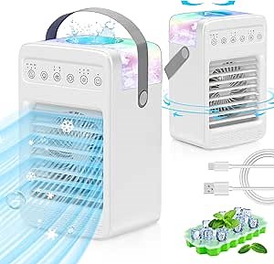 Swamp Coolers, Air Conditioners Portable with Water Tank, 180° Oscillating, 2/4/6H Timer, 4-Speed, Evaporative Air Cooler With 2 Cool Mist, 7 Color Lights, 4 In 1 Mini AC for Room Office